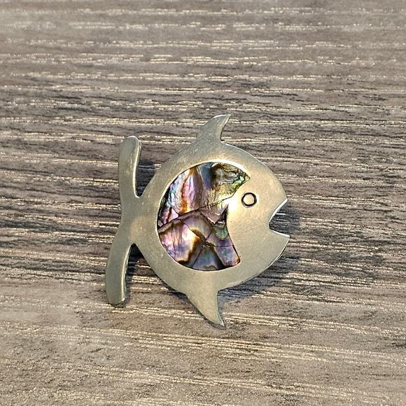 Vintage Alpaca Silver & Abalone Fish Brooch Pin from Mexico - Picture 1 of 6